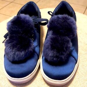 Like New J Slides Satin Sneakers with Pom Poms